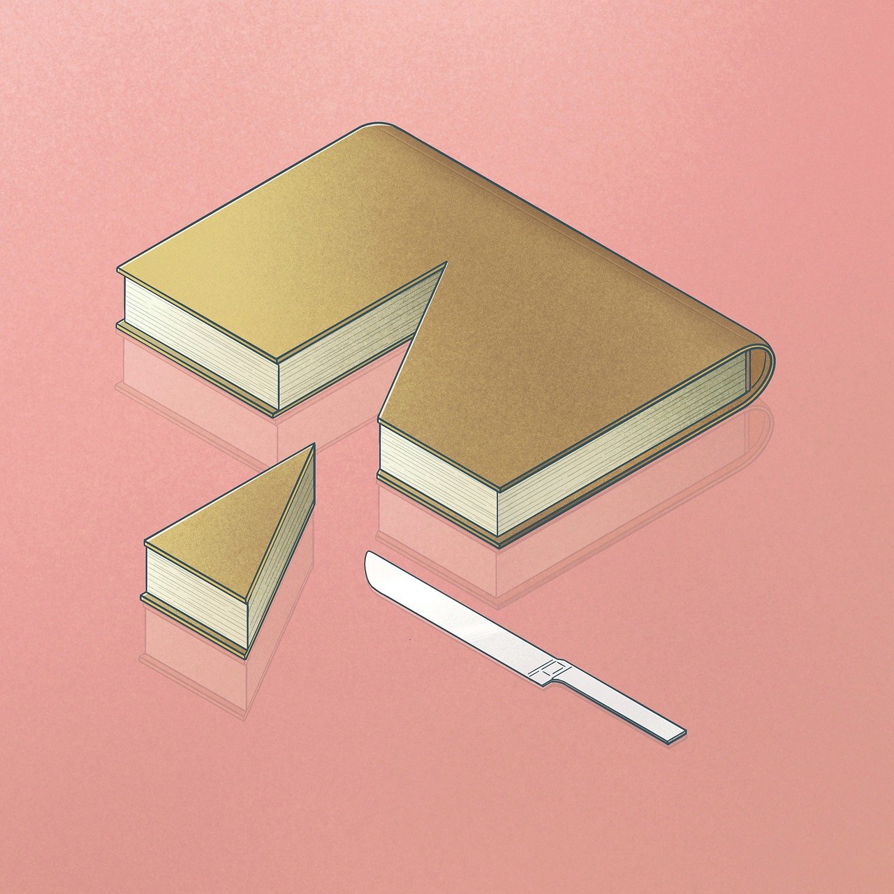 Illustration eines Buches, aus dem ein Stück herausgeschnitten ist, wie bei einem Kuchen. Das Messer liegt daneben.