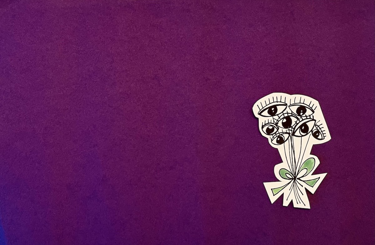 Ein illustrierter Blumenstrauß mit großen Augen als Blumen.